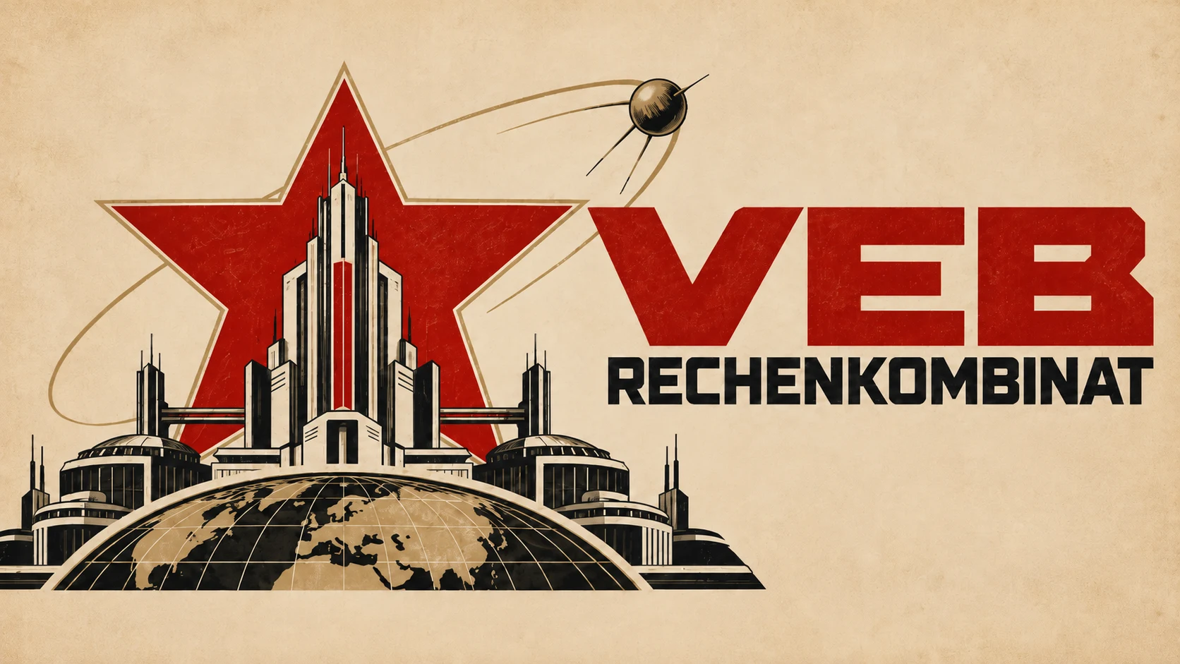 Originaler Markenentwurf: Rechenzentrum, roter Stern und Sputnik